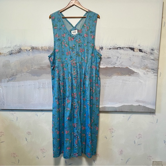Vtg MAINSTREET BLUES Sz 22W Floral DENIM Jumper Dress Maxi Pintuck Patch Pockets - Picture 1 of 14